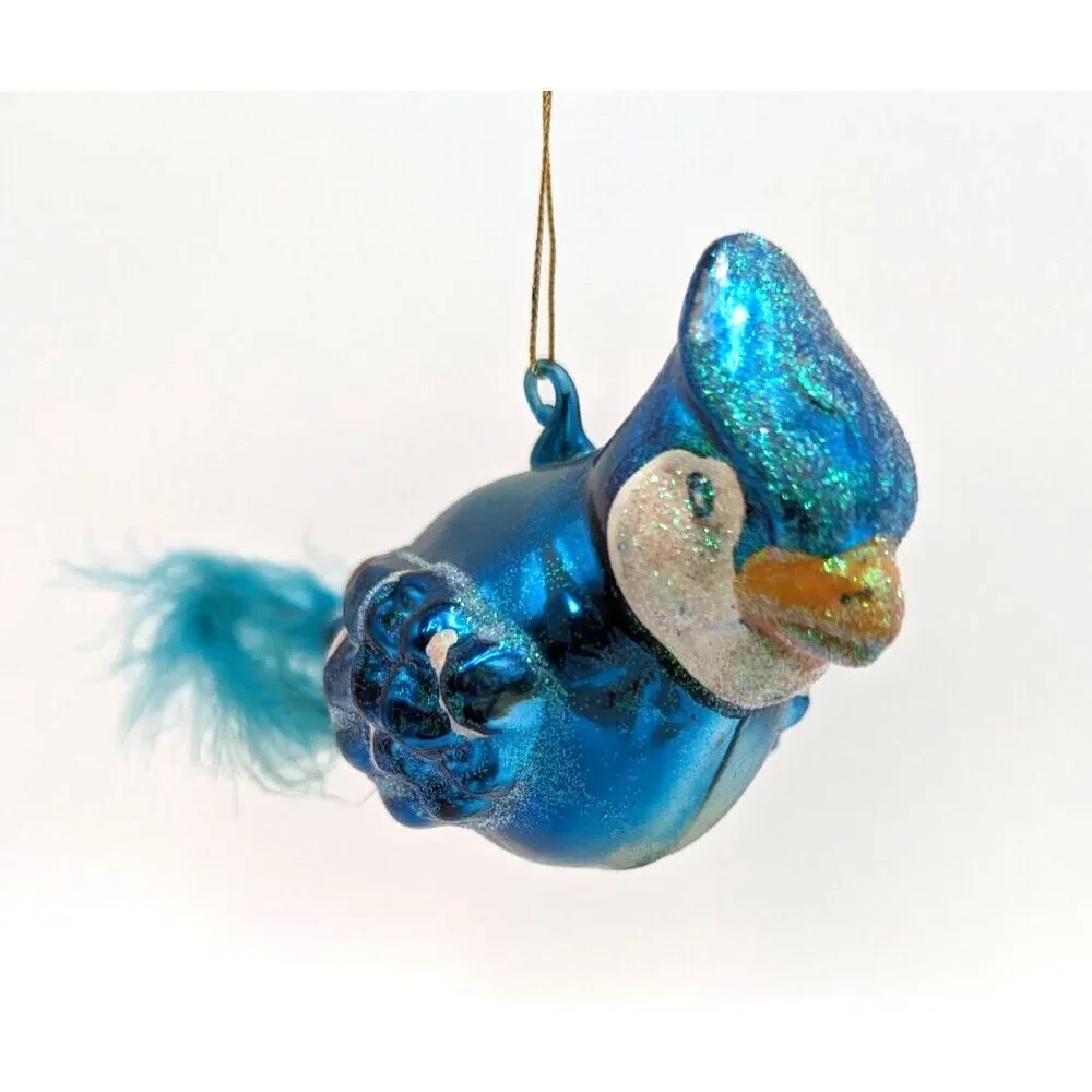 Blue‎ Bird Ornament w/Feathers Blown Glass Decorative